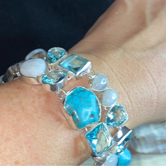 Gorgeous Tibetan Turquoise + Moonstone + Blue Topaz statement cuff bracelet - Picture 5 of 14